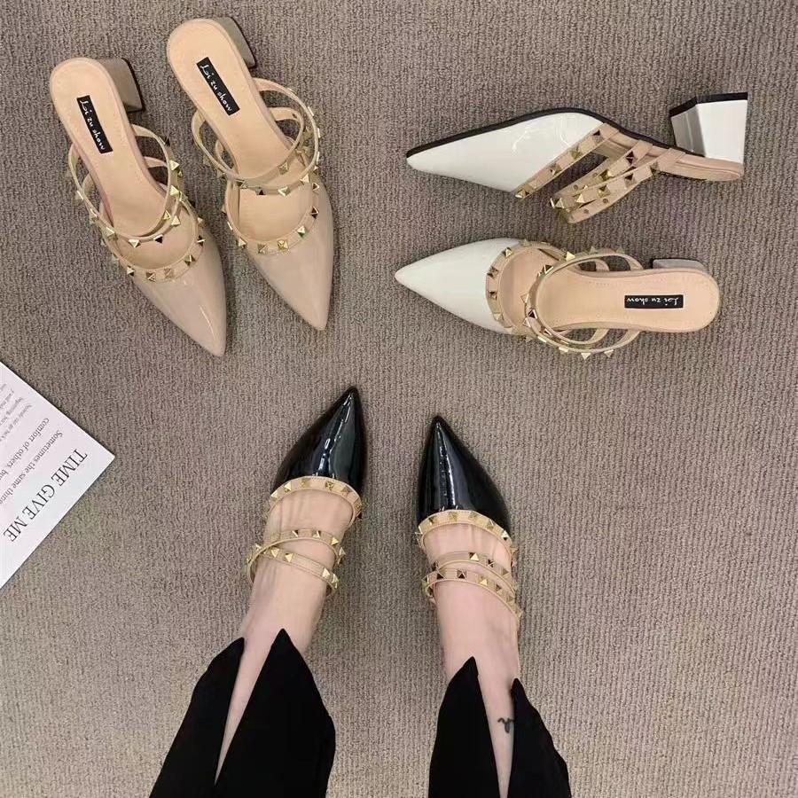 2025 New Summer French Rivets High-end High-heeled Bag Head Half Slippers Women's Pointed Thick Heel with Skirt Sandals