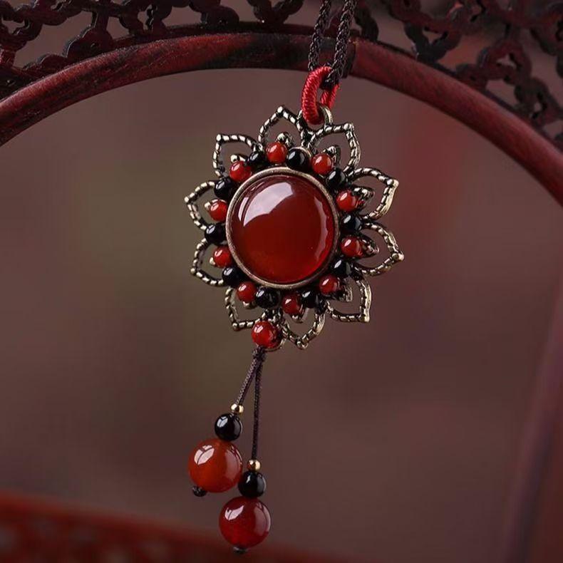 GEMCHIC Women's Vintage Ethnic Lotus Pendant Necklace Red Stone Beaded Choker Retro Collarbone Chain Jewelry