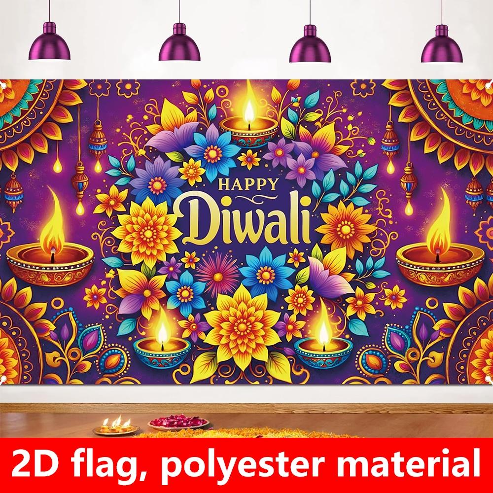 1 extra large Diwali decoration flag dark purple background Indian festival party banner floral pattern
