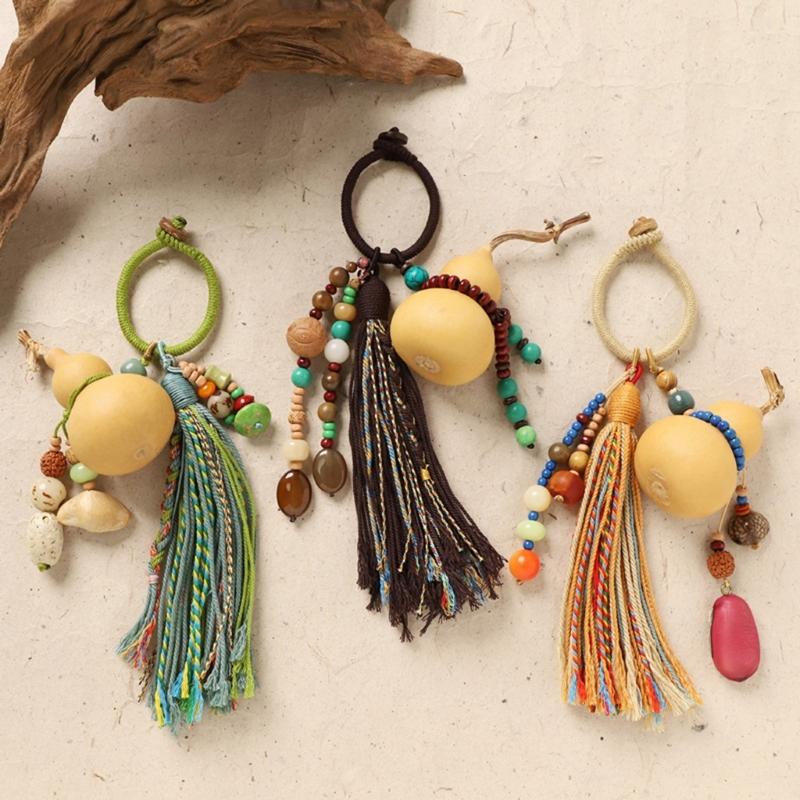 Handwoven Bottle Gourd Tassels Keychain with Natural Cotton Rope Symbolizing Fortunes Keyring Accessories