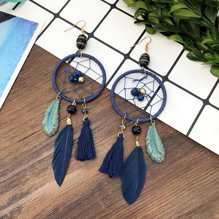European and Korean Temperament Dream Catcher Element Earrings Female Bohemian Seaside Vacation Feathers Fringed Earrings Versatile Earrings