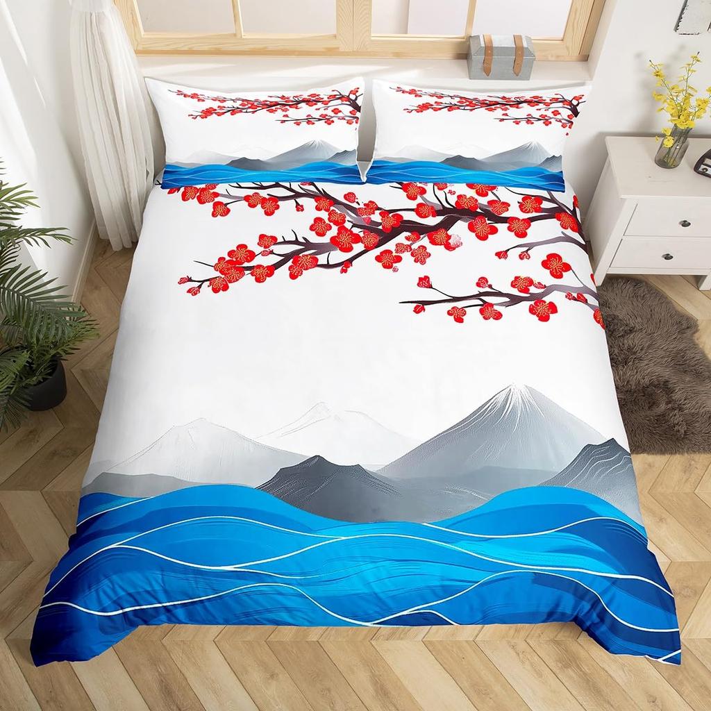 Japanischer Stil Bettwäscheset Einzelgröße Japanische Welle Bettbezug Set Kirschblüten Ozeanwelle Sonnenuntergang Bettbezug