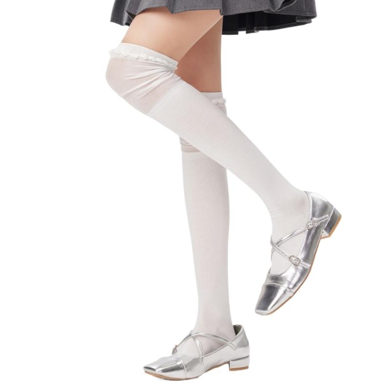 Solid Color Stretch Ruffle Trim Over Knee Long Socks for Women Japanese Student Sheer Mesh Splicing Thigh High Stockings