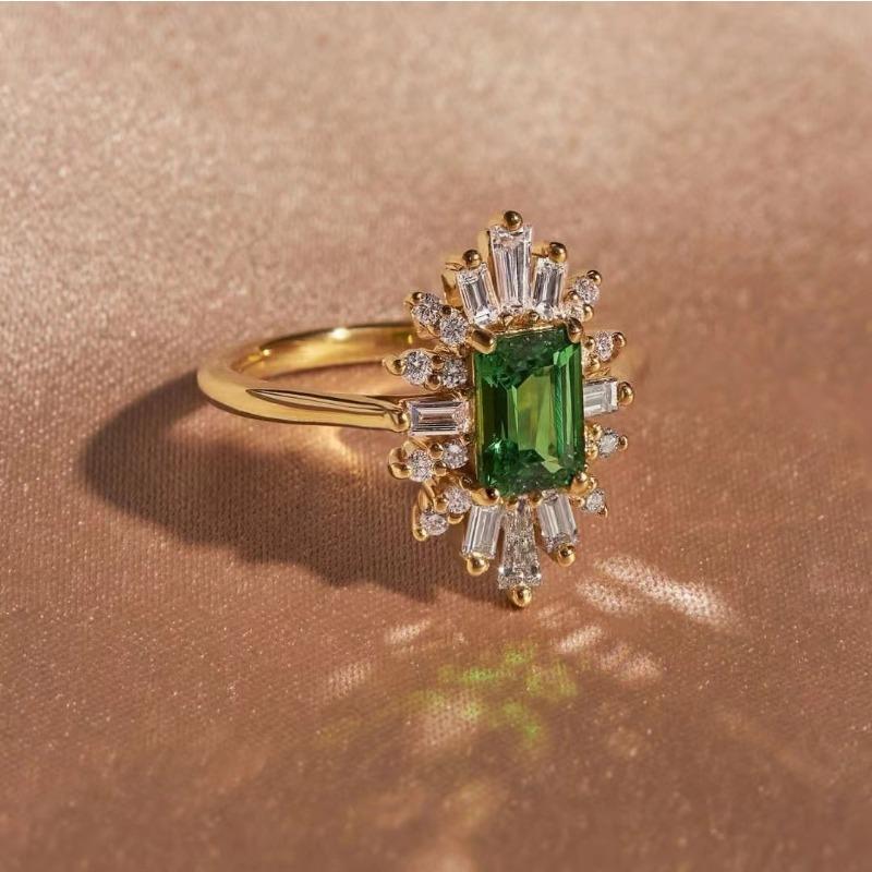 Gold Green Zircon Women's Ring Wear Square Diamond Accessories
