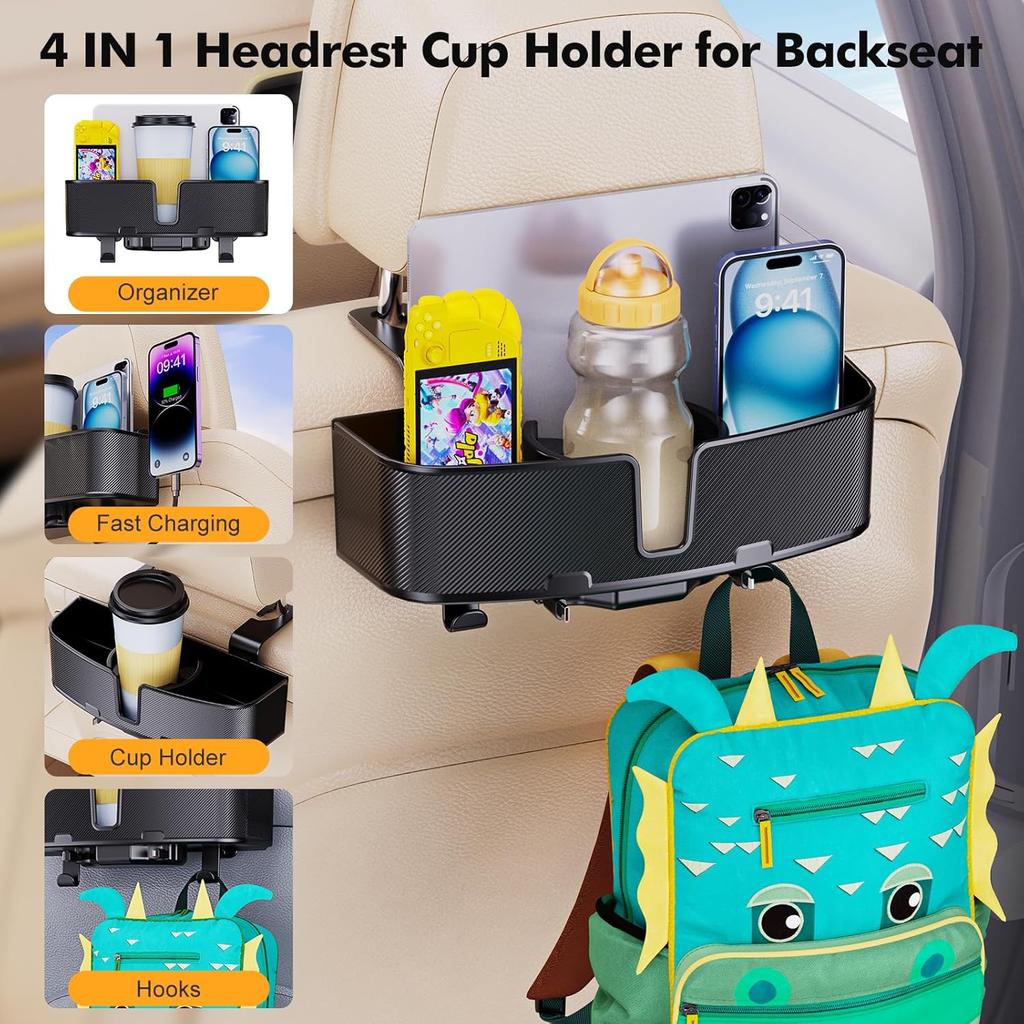 Car Headrest Cup Holder for Back Seat Organizer for Type-c/Lightning Retractable Charging Cables Multi- Hanging Snack Storage Box with Strong Hooks