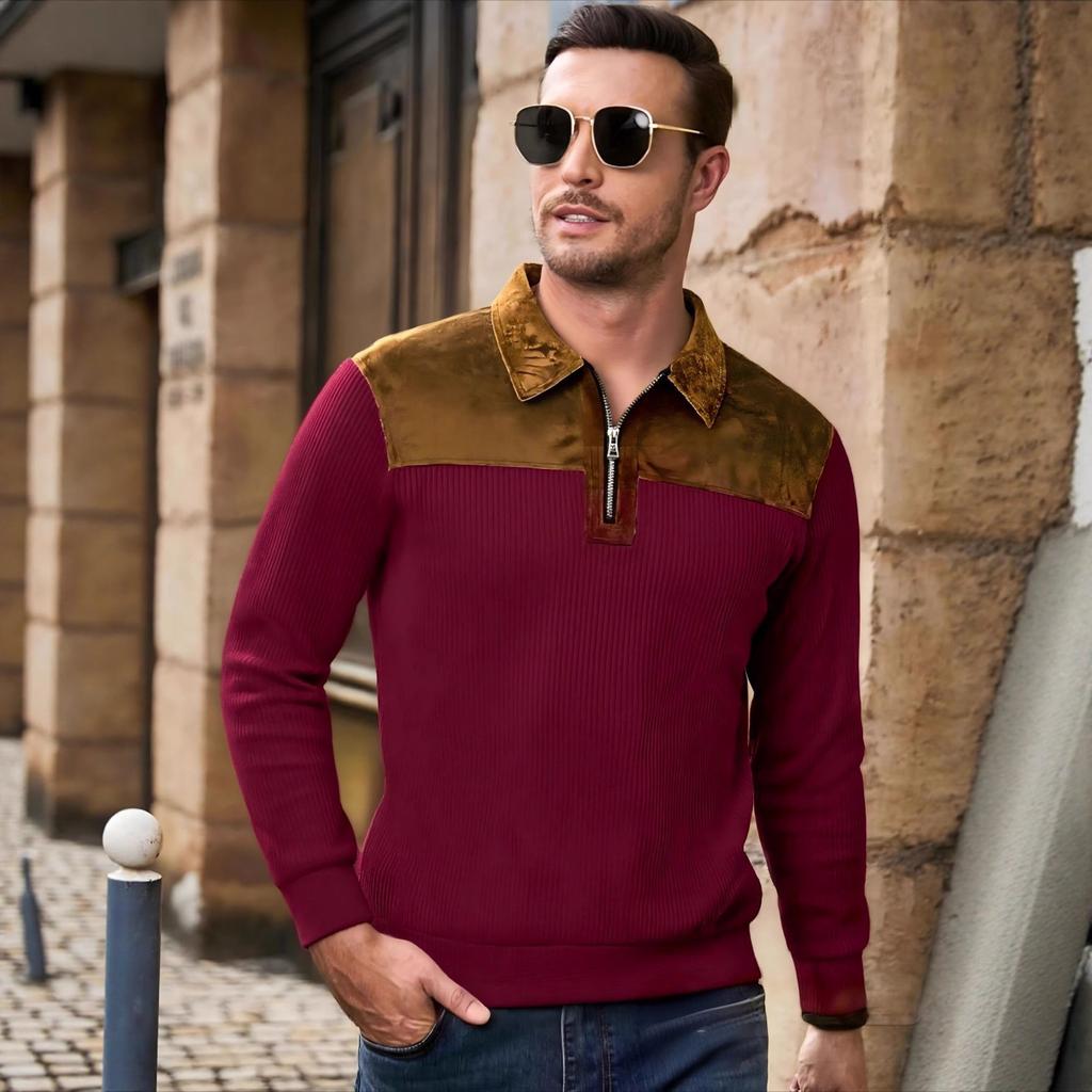 New Spring Autumn Casual Suede Polo Sweatshirt Men Stylish Knit Patchwork Textured Polo Shirts Mens Vintage Half-zip Lapel Jumper Tops