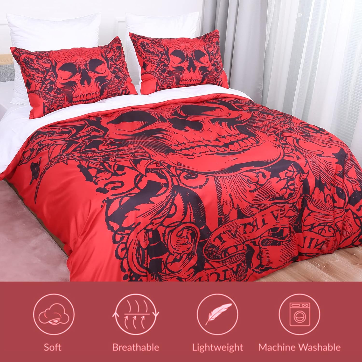 

Red Skull Duvet Cover Gothic 3D Tattoo Printed Bedding Set 3Pcs Halloween Microfiber Quilt Cover with Zipper Ties + 2pillowcases US Twin(172x218cm)