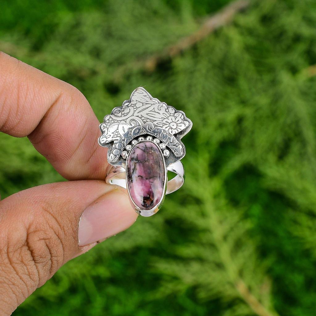Rhodonite Gemstone Boho Stackable Heart Chakra Ring Jewelry 925 Sterling Silver