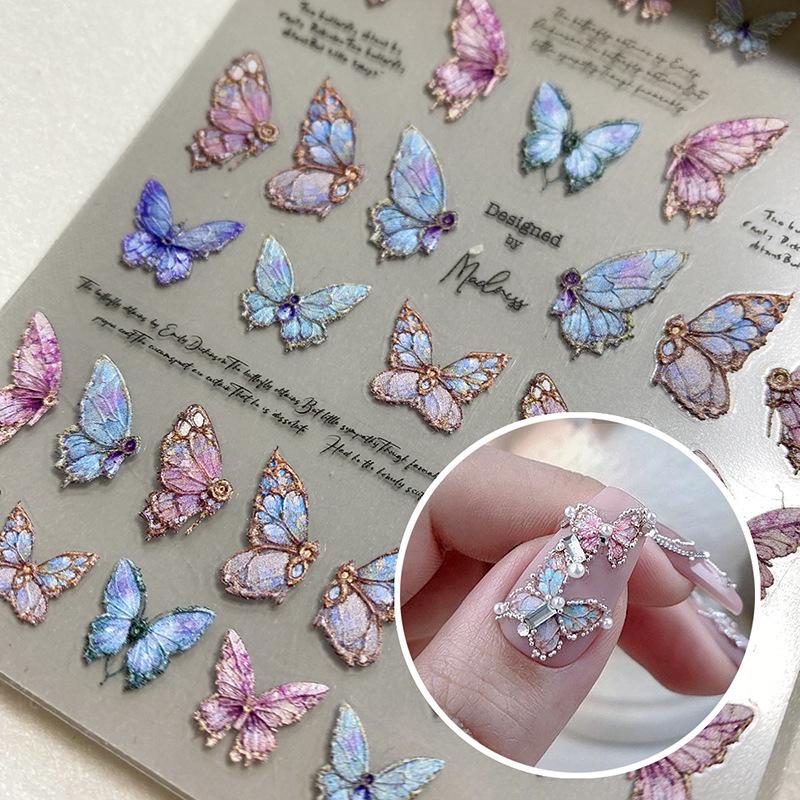 

3D Retro Rose Butterfly Nail Stickers - Embossed Liquid Wings Design