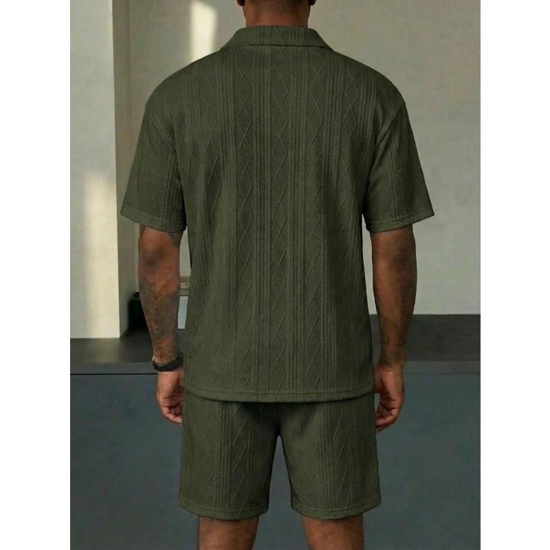 Men Cable Knit Texture 2 Piece Outfit Short Sleeve Polo Shirt And Casual Shorts Set