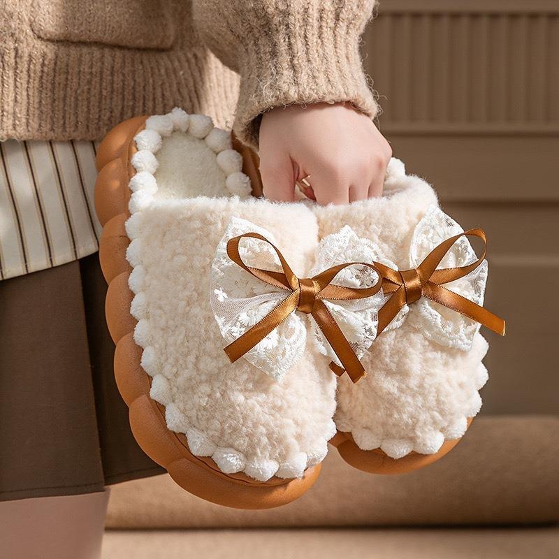 Women Bowknot Fuzzy Plush Thick Sole Warm Indoor Home House Slippers