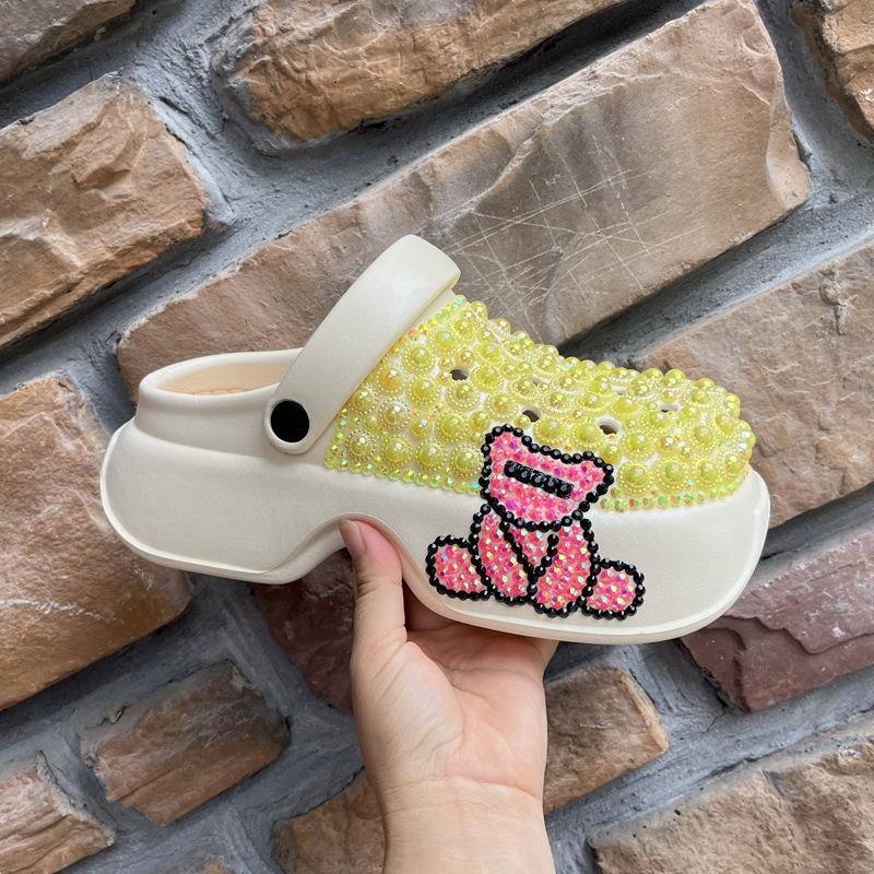 Fashion Summer Bear Decoration Thick Bottom Handmade Inlaid Pearl Sandals  New Pink and Blue Sweet Girl Beach Hollow  Out Slippers 40-41