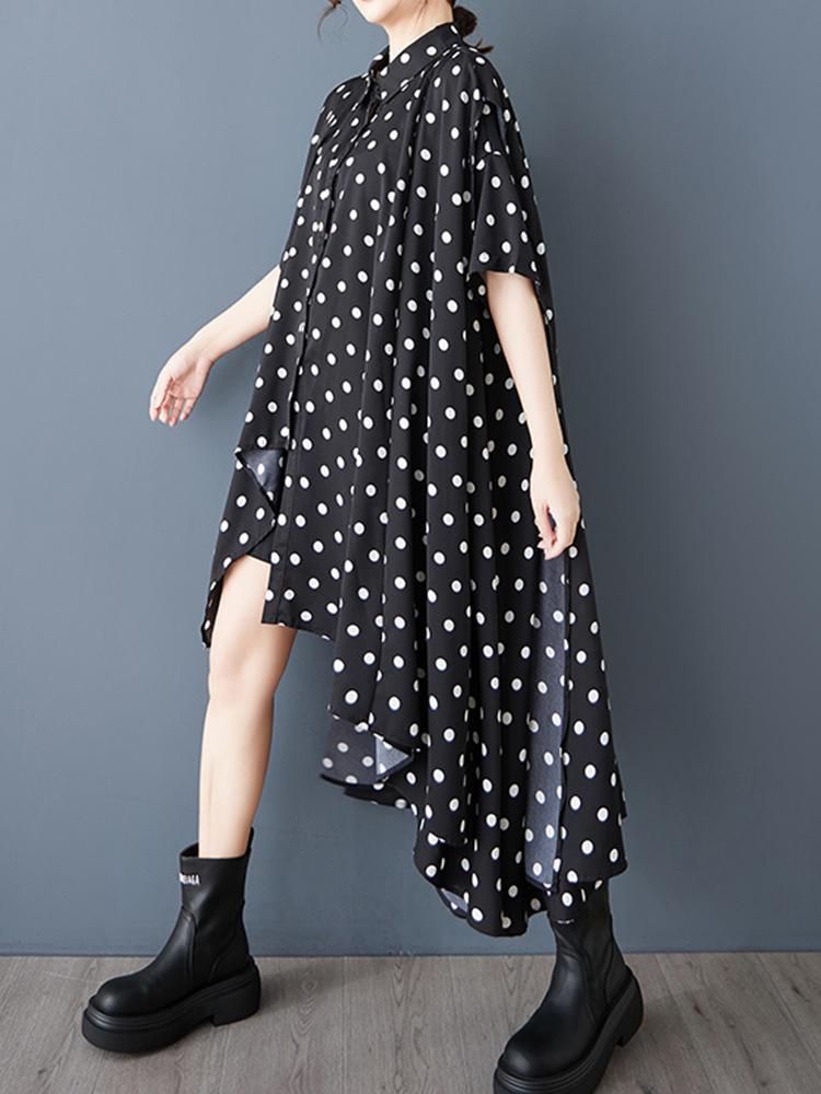 XITAO Polka Dot Irregular Lapel Dress GYX1544
