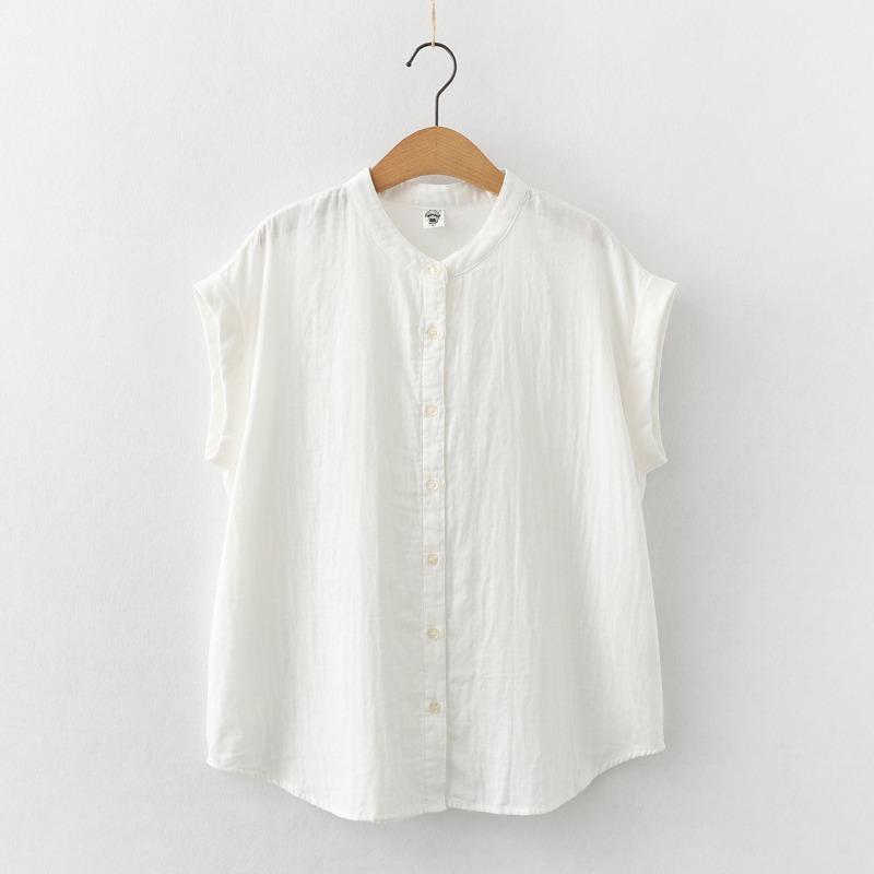 Stand Up Collar Short Sleeved Pure Cotton Double-layer Cotton Soft Glutinous Shirt Sleeveless Flanging Skin Friendly Short Sleeved Shirt
