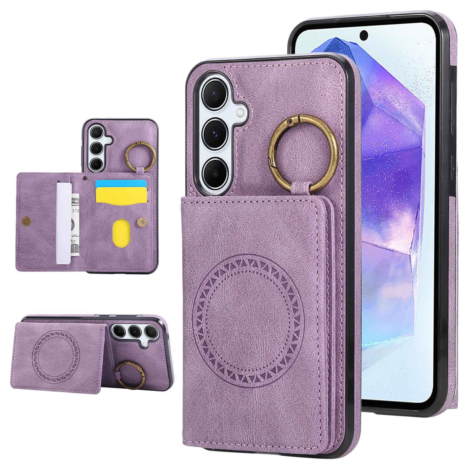 

For Samsung Galaxy Galaxy S25+/S24+ Case Card Holder Kickstand Leather+TPU Phone Cover with Ring Holder Purple