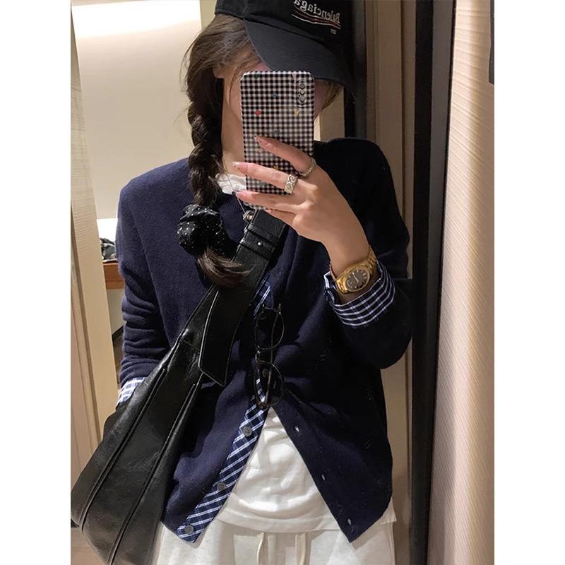 

Дизайнерский вязаный кардиган в клетку с эффектом пэчворка для женщин, новинка весны, большого размера, стройнящий, с круглым вырезом L тёмно-синий