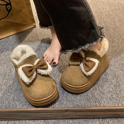 Sapatos de Algodão de Pelúcia com Laço, Camurça Sintética, Rasteiros, Slip-on, Bico Redondo, Sola Reta, Cano Curto, Botas de Algodão Simples Casuais de Inverno