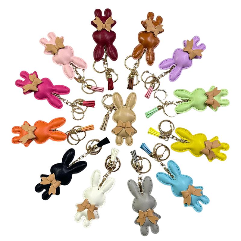 Cute Pu Leather Solid Color Bunny Keychain Creative Bow Bunny Keyring Car Key Holder Pendant Bag Charm Gifts
