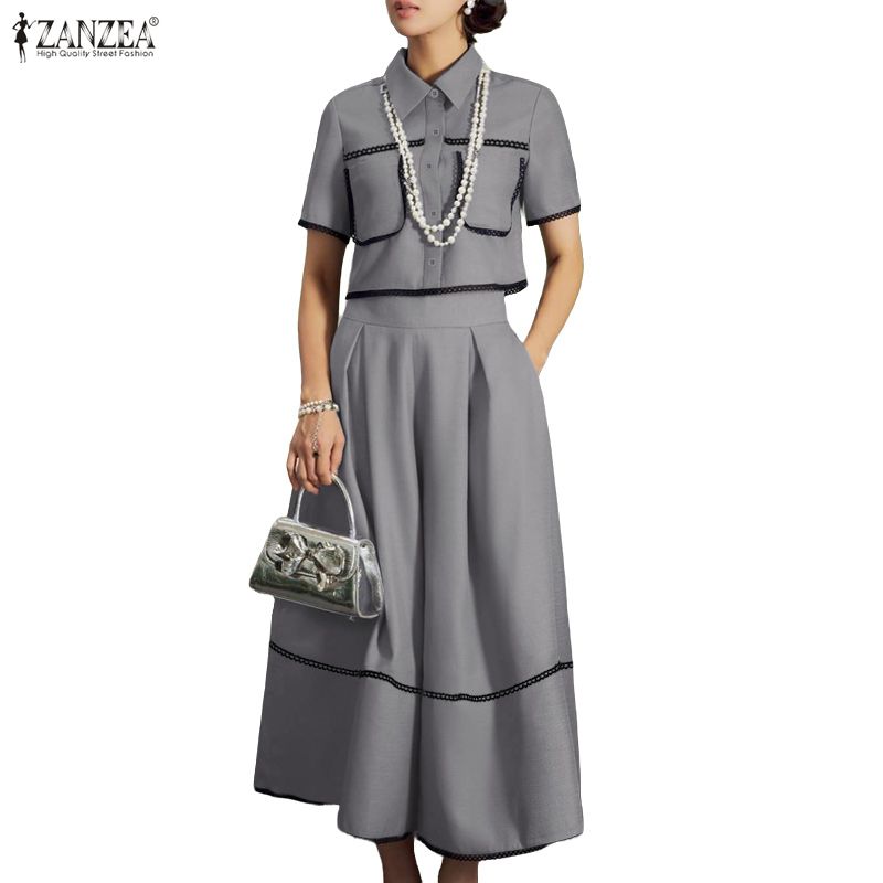 ZANZEA Women Short Sleeve Blouse and Long Skirts Summer Two Piece Suit Sets