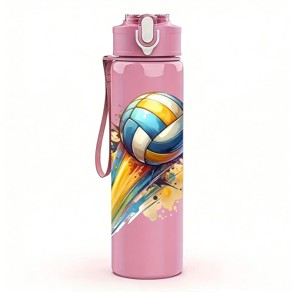 1PC Colorful Volleyball Pattern 750ml Color Plastic Sports Water Bottle Leakproof Flip Straw Lid Suitable for Sports Office Home Use