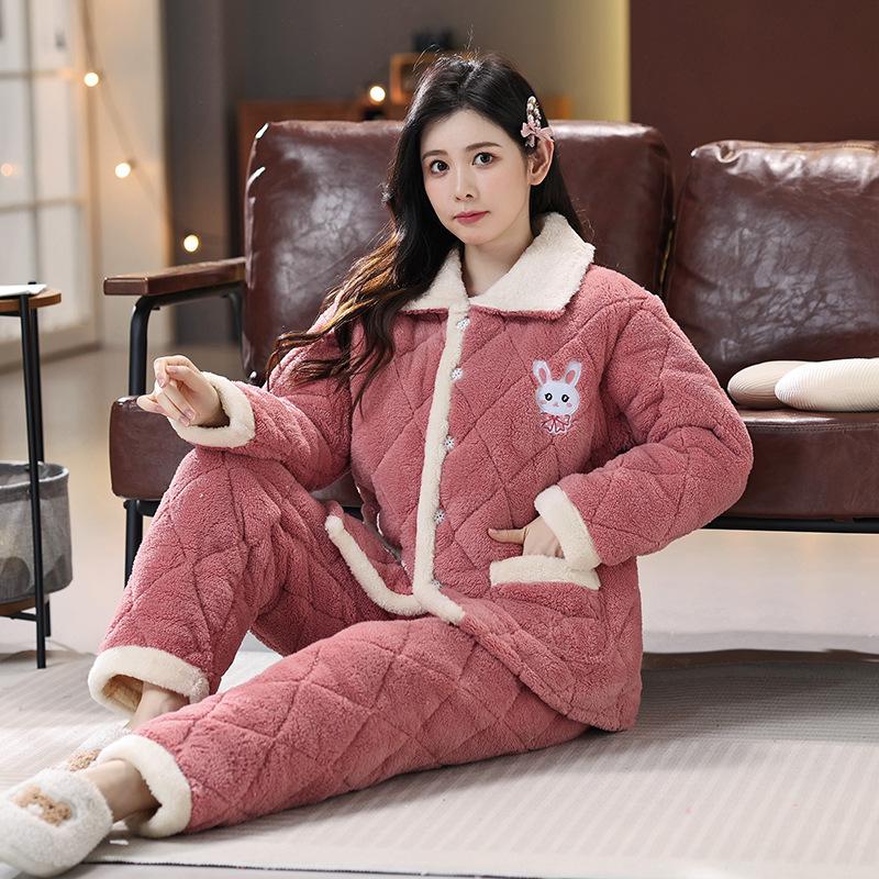 Pajamas Women's Winter Three-layer Thickened Padded Jacket Coral Fleece Lapel Super Warm Can Be Worn Outside Loungewear
