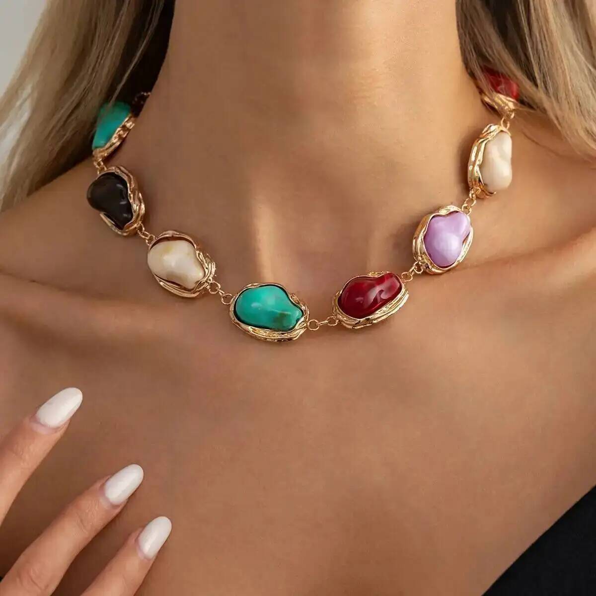SHIXIN Vintage Colorful Irregular Geometric Baroque Resin Necklace for Women Bohemia Chunky Clavicle Chain Fashion Y2K Jewelry