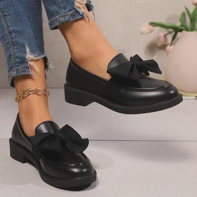 2024 Women's Black Retro Bow Loafers: Thick Heels & Soles, British College Style for Autumn/Winter