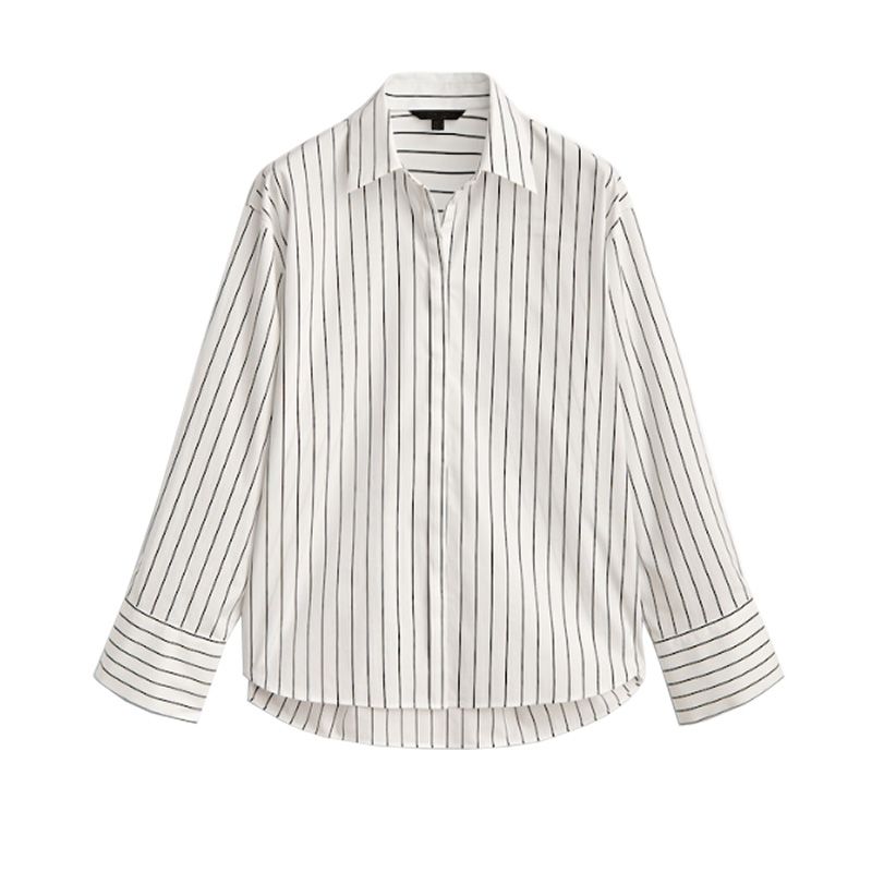 

MD Women clothes New Top Design Sense Lapel Long sleeve Single-Breasted Loose Stripe Shirts 5117846 As shown in the figure S