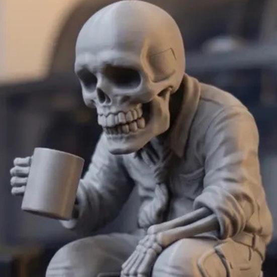 3D Printed Sitting Skeleton Statue with Coffee Cup, Drinking Coffee Skull Figurine, Compact Desktop Decoration for Office Study Room Ornaments