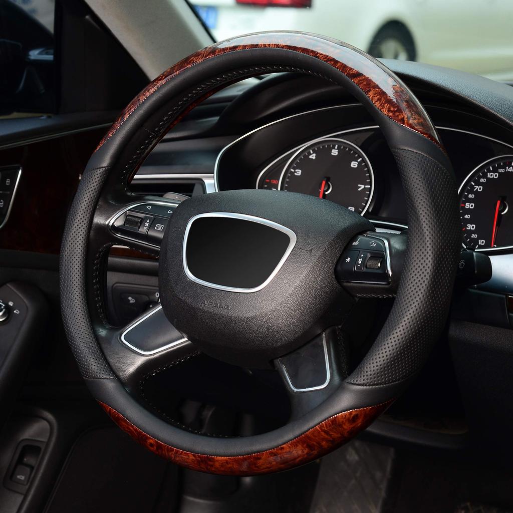 KAFEEK Wood Grain Steering Wheel Universal Microfiber KF10319 Cover, 15-inch, Leather, Non-Slip, Odorless, Brown,