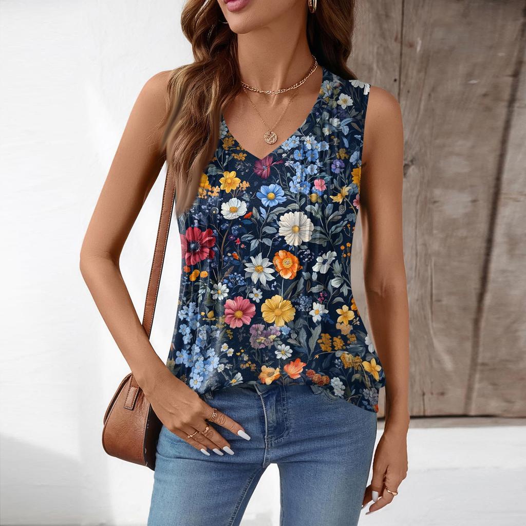 Women's Loose Fit V Neck Sleeveless Top Floral Print Pleated Design Lightweight Summer Blouse Casual Tank