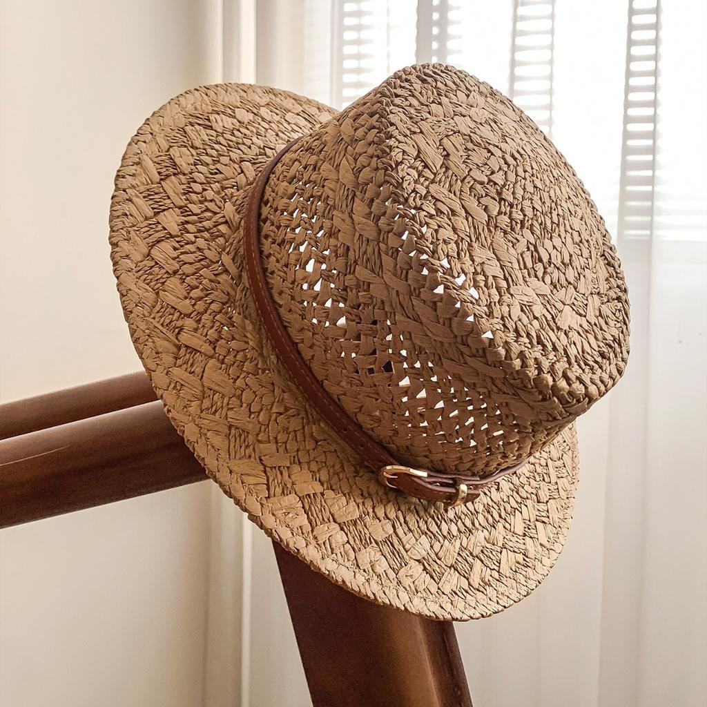 British style retro flat top straw hat women's summer hollow sunshade sunscreen hat seaside vacation style straw sun hat