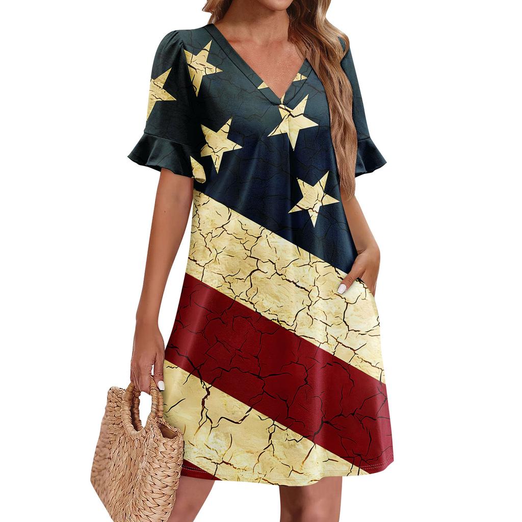 Summer Dresses For Women V Neck Ruffle Short Sleeve Casual Loose  Independence Printing Dress Beach Dress With Pockets