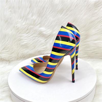 Bunte gestreifte schlanke High Heels Damenschuhe, Bankettpartykleider, Übergrößenschuhe