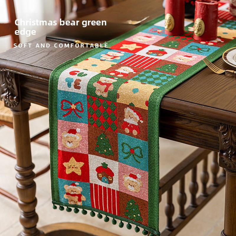 Christmas Red Table Runner Santa Claus Fringe Balls Western Dining Decor Long Cloth Sideboard Table Cover