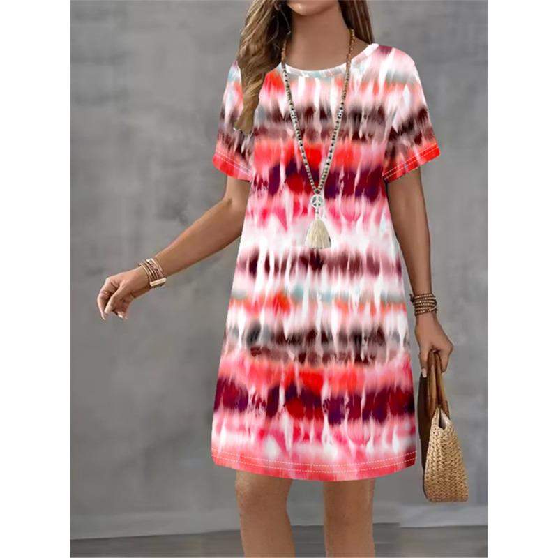 Ladies' Summer Striped Gradient Printed Short Sleeve Round Neck Dress Fashion Design Elegant Temperament Women Mini Casual Dress