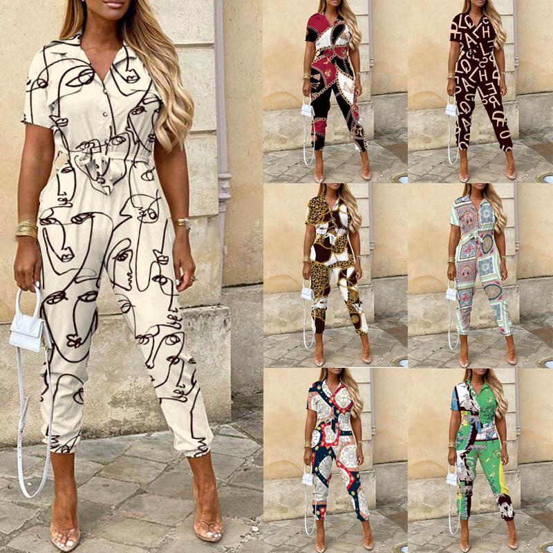 2025 Women's Casual Printed Jumpsuit with Lapel and Waist Belt