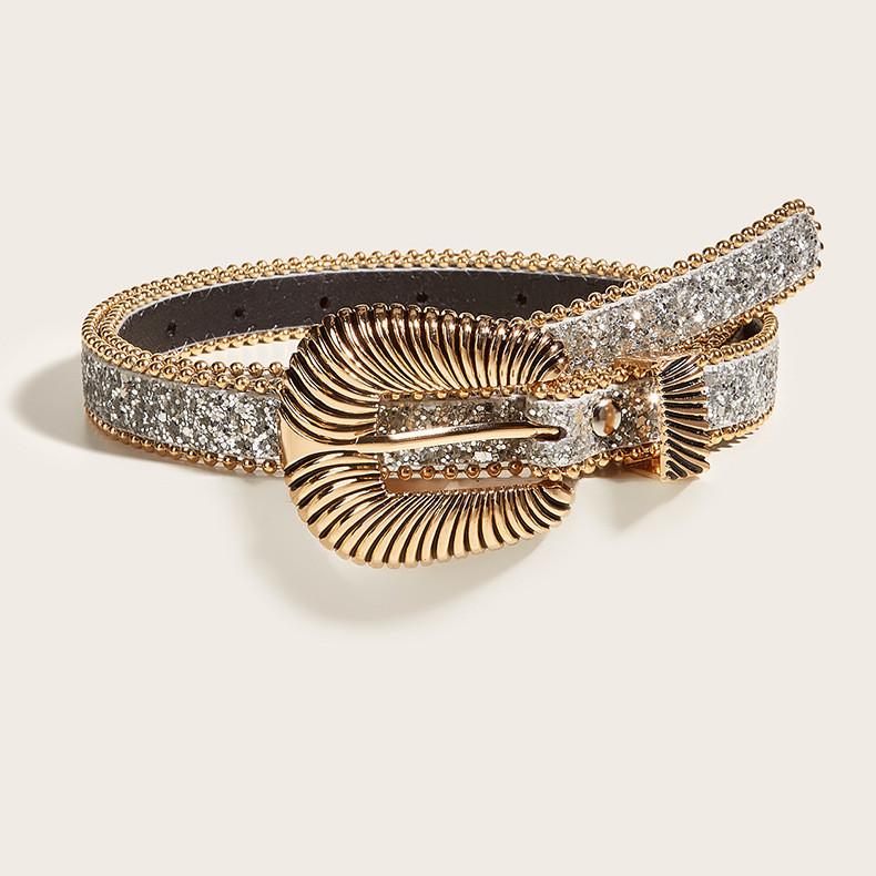 

European And American Style Women s Carved Belt With Shiny Sequins Ins Fashion Slim Waist Belt Unique Design срібний