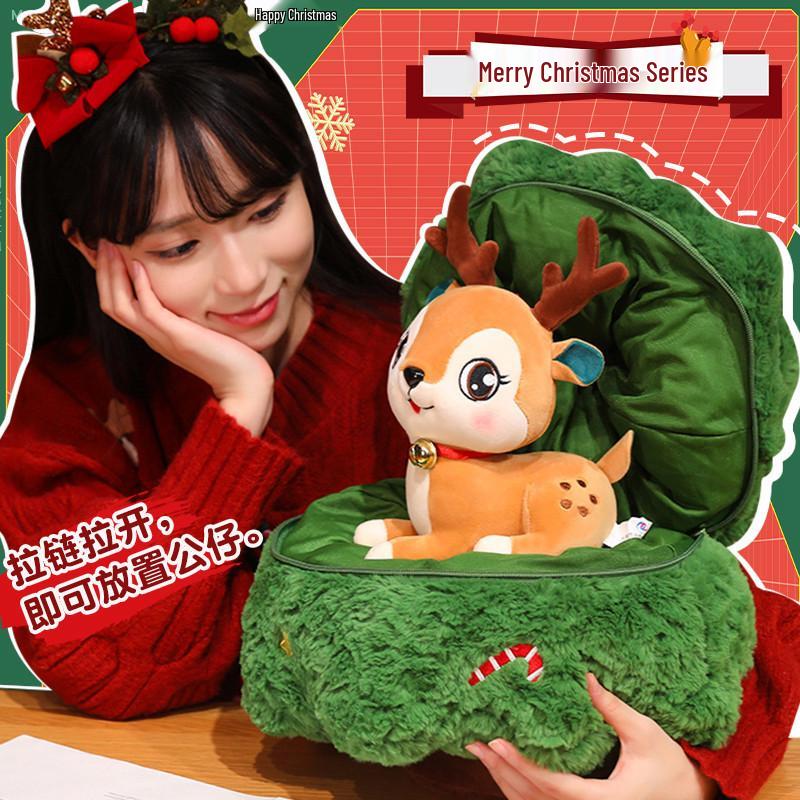 Christmas Tree Santa & Fawn Plush Pillow Ornament