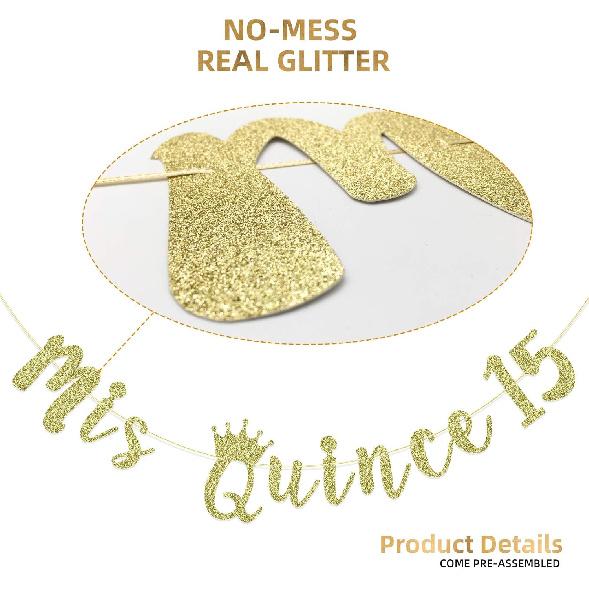 Mis Quince 15 Banner, My 15th Birthday Party Decorations, Quinceanera Decor, Feliz Cumpleanos Banner (Gold Glitter)
