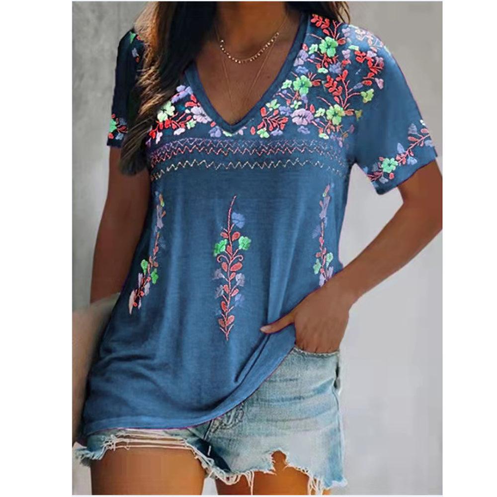 T-shirt Women Summer Floral Printing V-neck Short Sleeve Ethnic Style Women's Tshirts