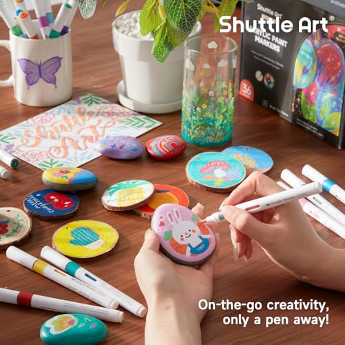 Shuttle Art Acrylic Markers, 36-Color Set, Direct-Fill Brush Tip, Water-Based, Waterproof, Quick-Drying, Light-Resistant, Acrylic Paints for Stone, Wo