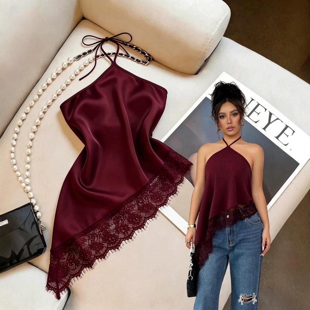 2026 Summer European & American Women's Sleeveless Satin Camisole with Lace Trim