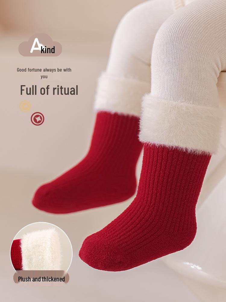 Chaussettes Bébé Doublées Velours Automne/Hiver: Nouveau-né à un an, Rouge pour le Nouvel An.