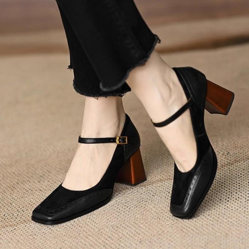 2026 Fashion French Vintage Women's Square Toe Chunky Heel Shoes Thick Sole Buckle Slip-On Pumps Beltt Buckle Heels Sandals