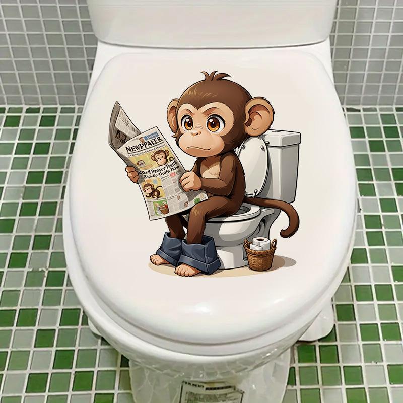 3D Funny Cartoon Monkey Reading Newspaper Toilet Wall Sticker Self-Adhesive Waterproof Removable Bathroom Home Decor Art