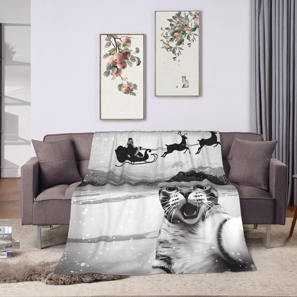 Cat Selfie with Santa Plush Blanket Girls Boys  Flannel Throw Blanket For Living Room Warm Custom Quality Bedspread Gift