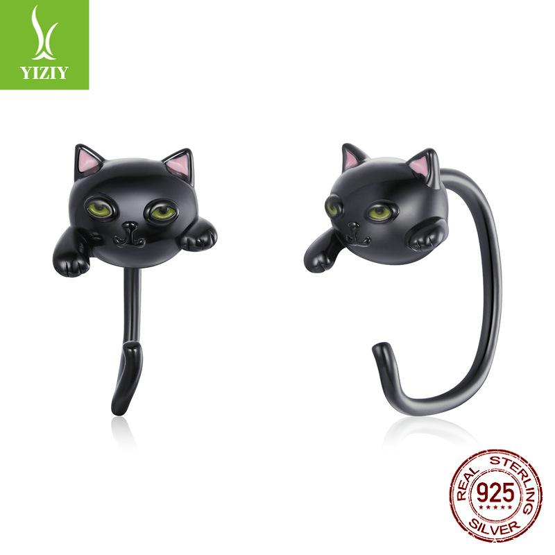 Cute Cat Stud Earrings Set, Playful Animal Electroplated 925 Sterling Silver Jewelry.