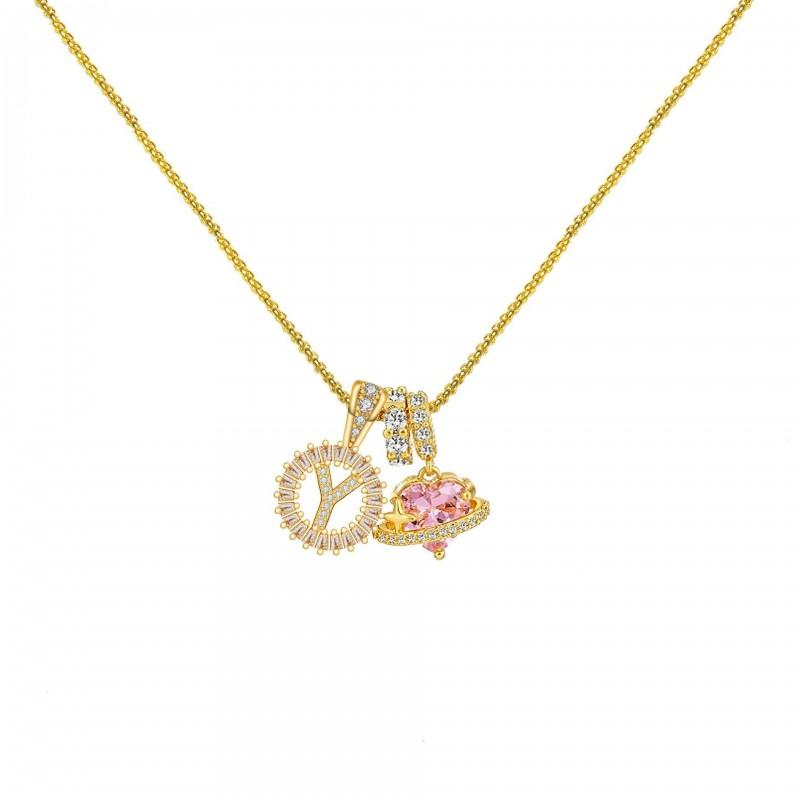 Copper Pendant Necklace With Zircon Stone Alphabet Charms Floral Design Personalized Letter Jewelry
