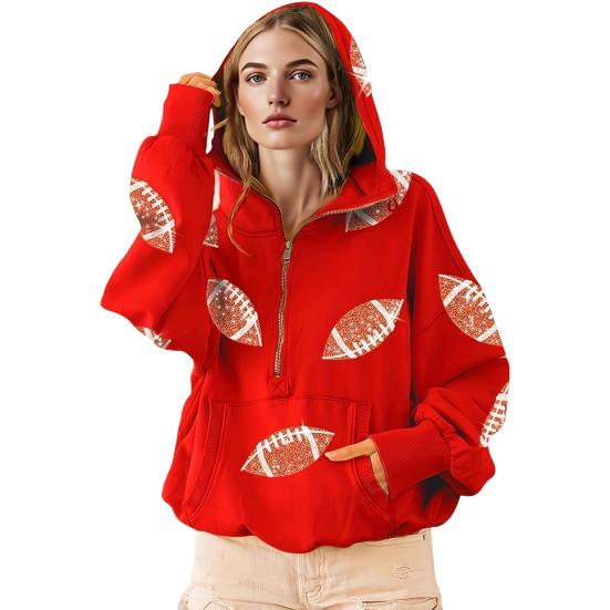 Hooded Sweatshirt for Women Half Zip Oversized Hoodies with Sequin Rugby Print Fall Casual Pullover Tops with Pockets